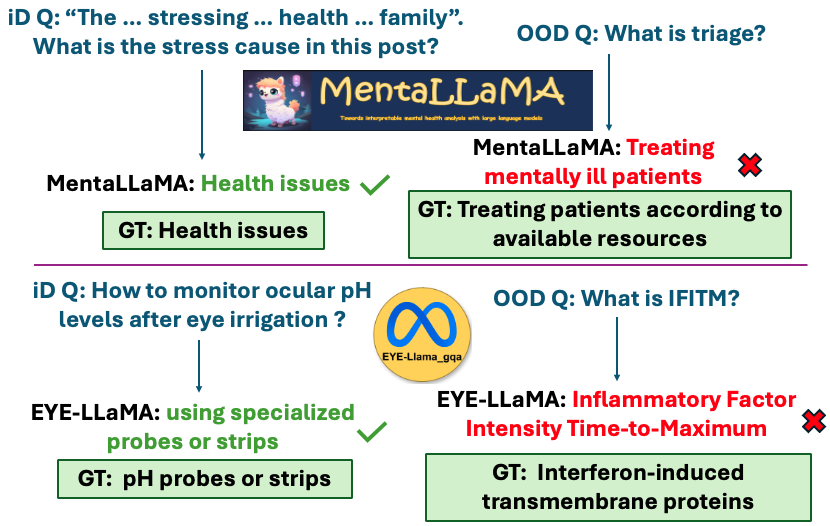 Examples of specialized LLMs failing on out-of-domain queries